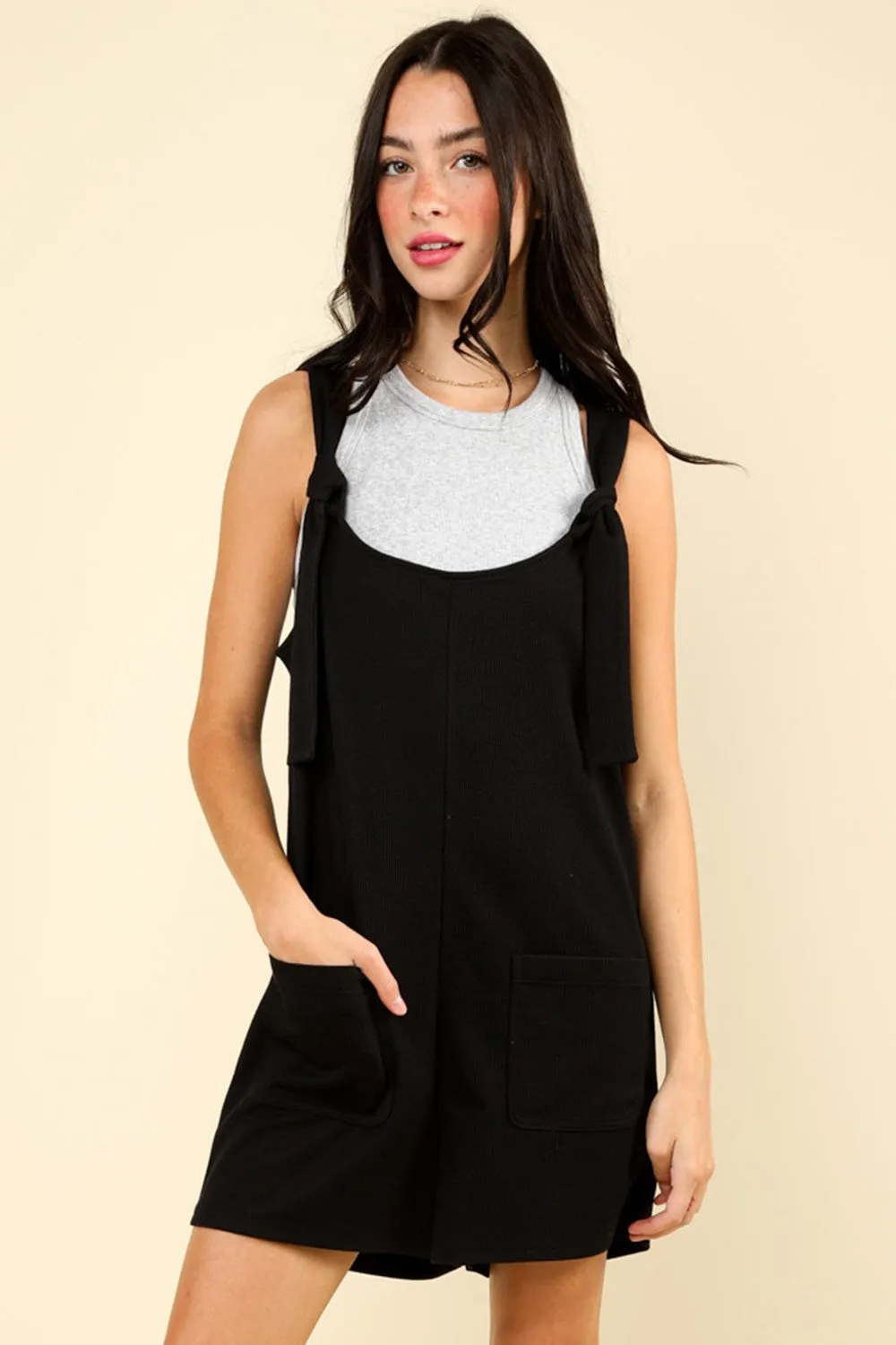 VERY J Tie Shoulder Front Pocket Romper sold by Charming Charlie