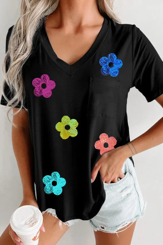 Sequin Flower V-Neck Short Sleeve T-Shirt sold by Charming Charlie
