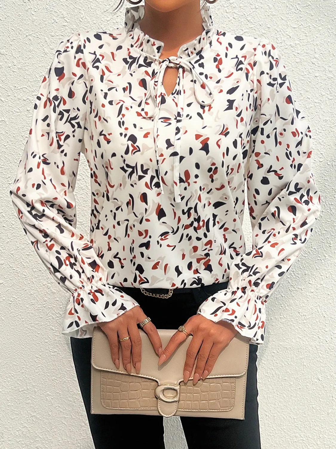 Ruffled Printed Tie Neck Long Sleeve Blouse sold by Charming Charlie product image thumbnail 3