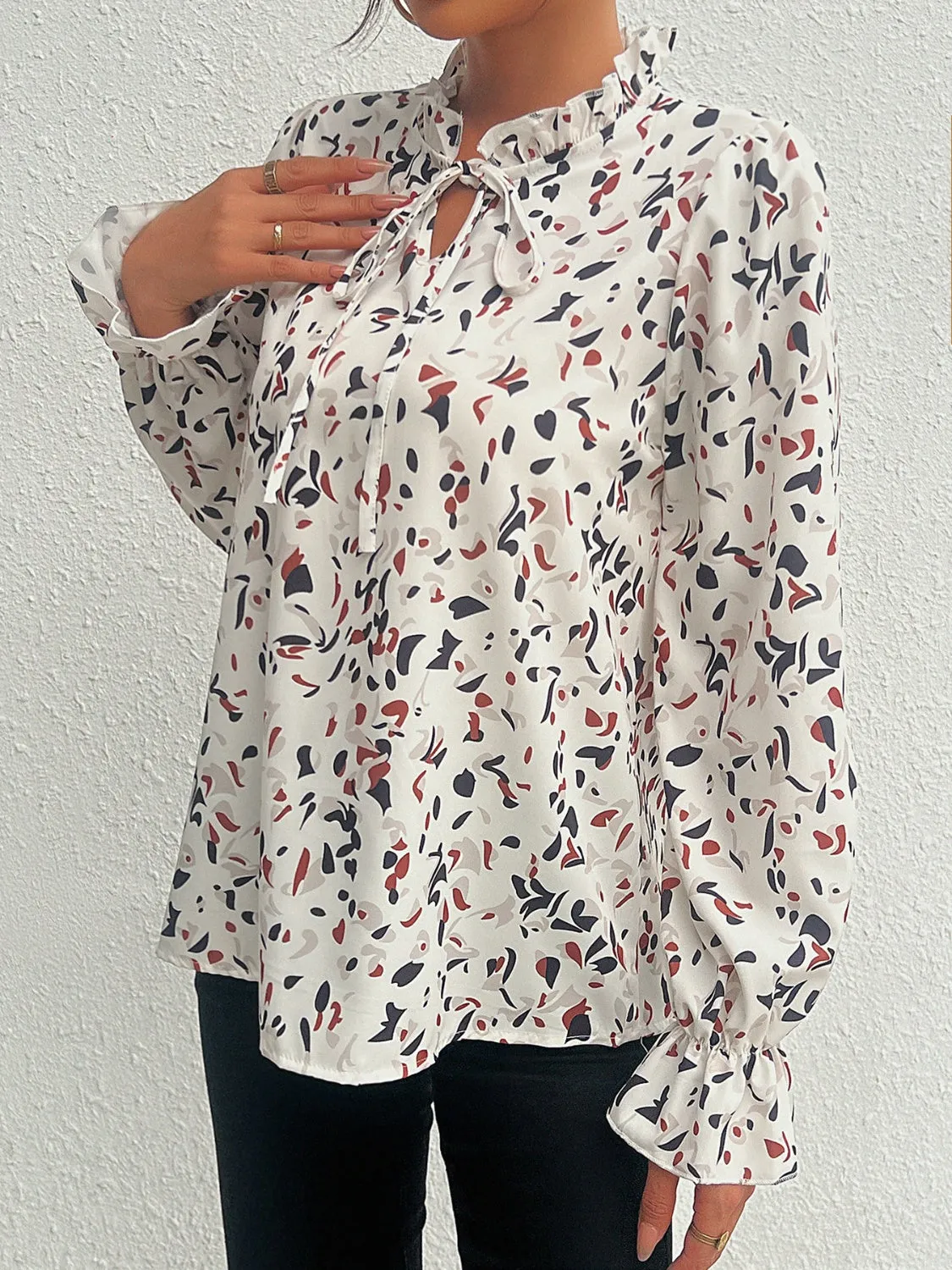 Ruffled Printed Tie Neck Long Sleeve Blouse sold by Charming Charlie product image thumbnail 4