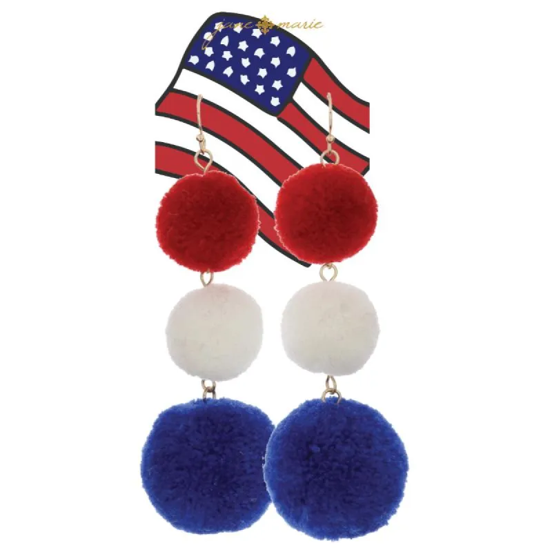Tierred Red Pom, White Pom, Blue Pom Earrings, 3.75" Top to Bottom sold by Charming Charlie