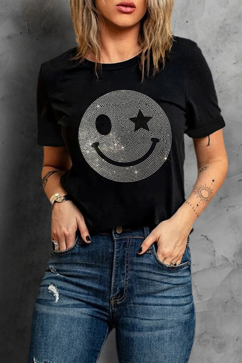 Rhinestone Smiley Round Neck Short Sleeve T-Shirt sold by Charming Charlie product image thumbnail 3