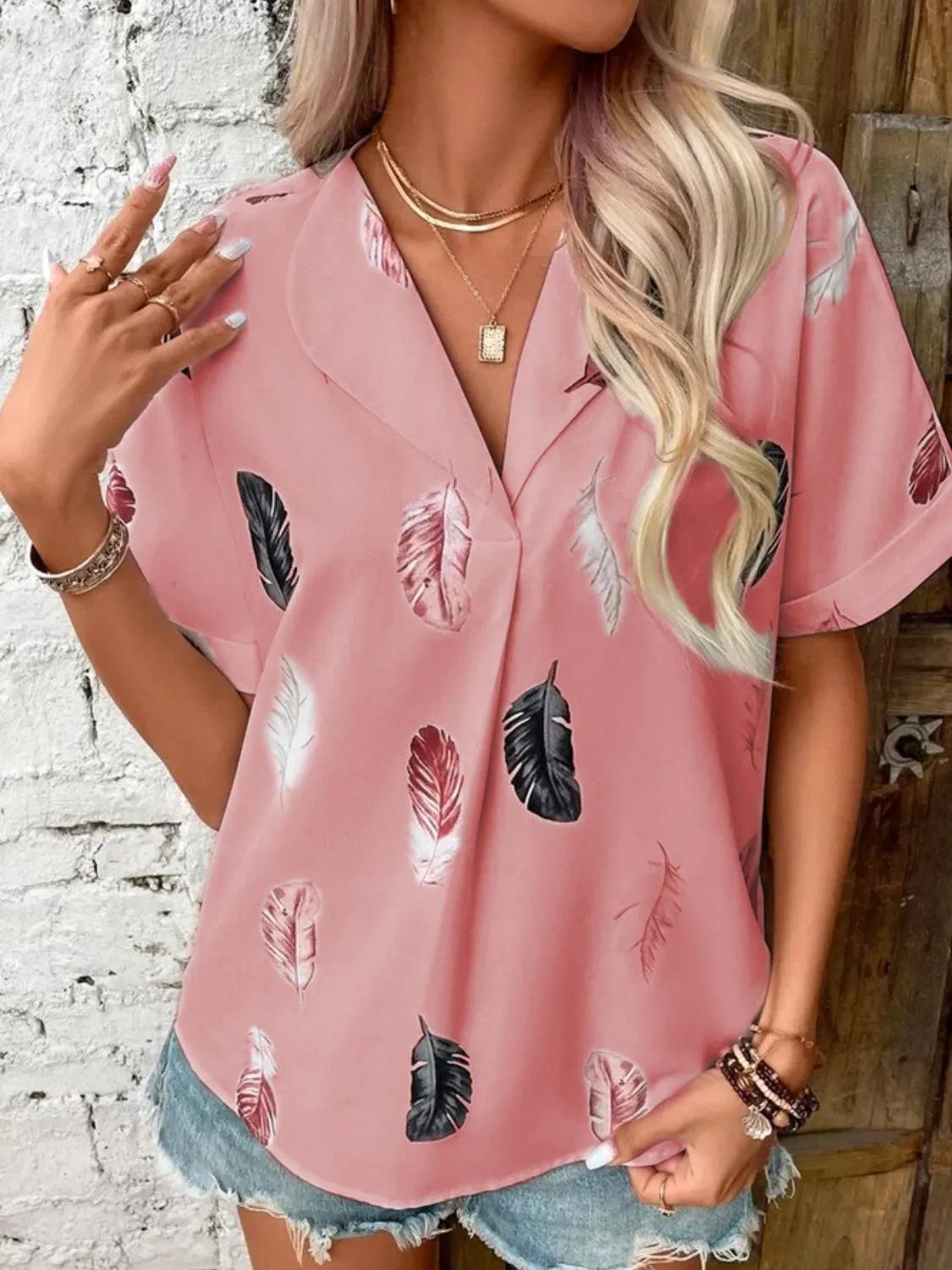 Full Size Printed Collared Neck Short Sleeve Blouse sold by Charming Charlie product image thumbnail 4