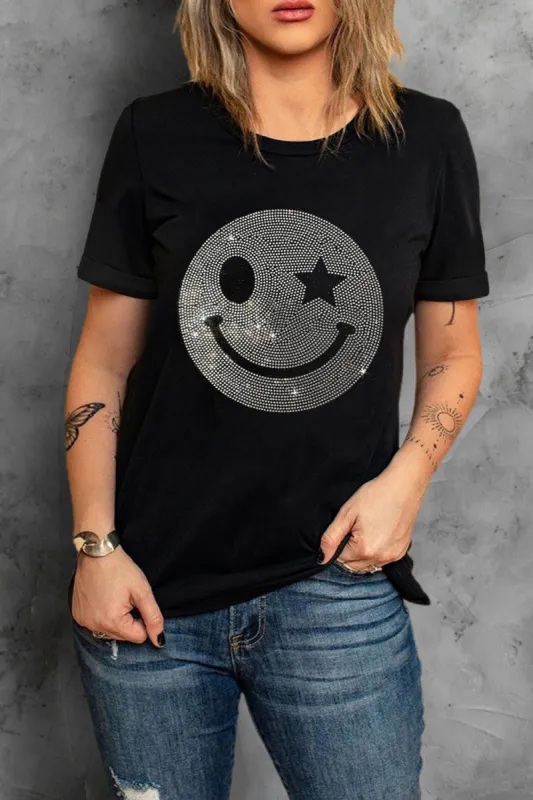 Rhinestone Smiley Round Neck Short Sleeve T-Shirt sold by Charming Charlie