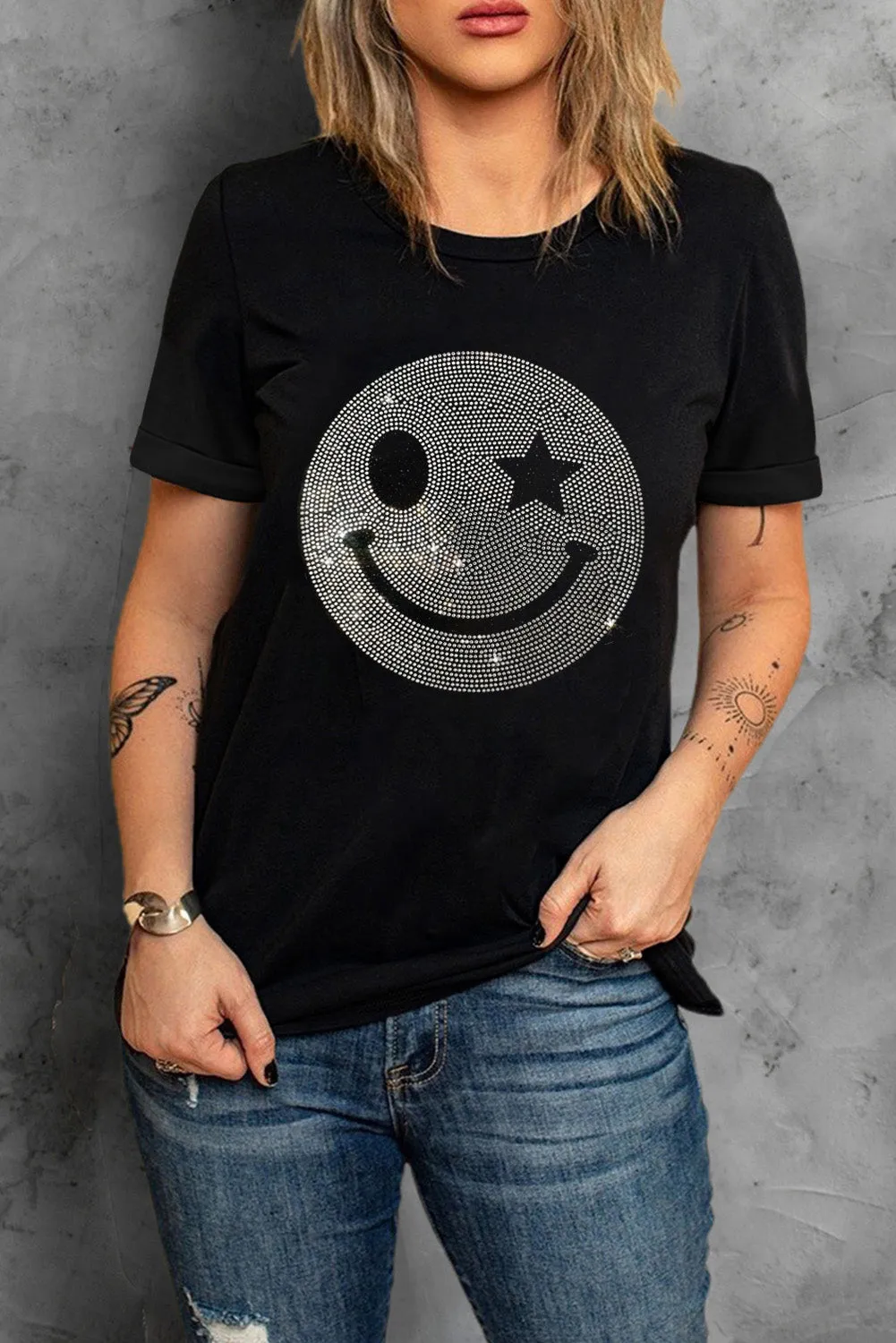 Rhinestone Smiley Round Neck Short Sleeve T-Shirt sold by Charming Charlie