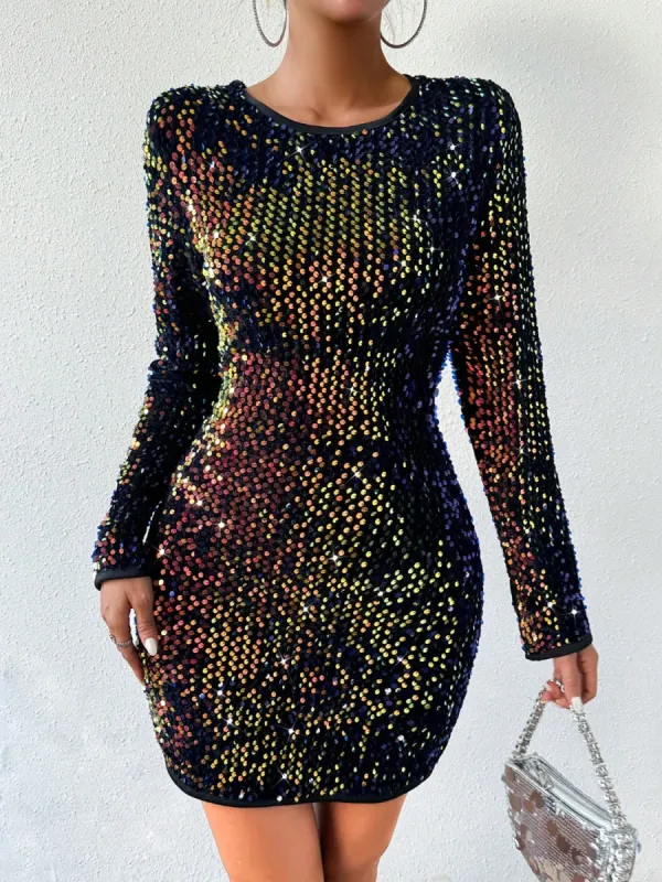 Sequin Round Neck Long Sleeve Mini Dress sold by Charming Charlie