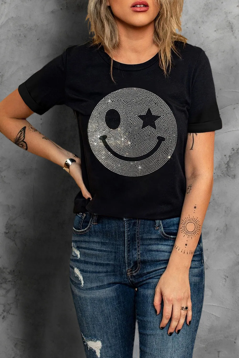 Rhinestone Smiley Round Neck Short Sleeve T-Shirt sold by Charming Charlie product image thumbnail 2