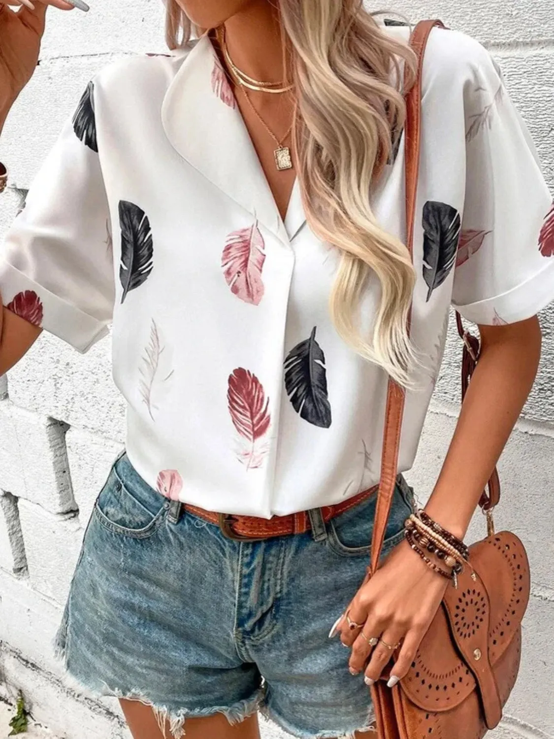Full Size Printed Collared Neck Short Sleeve Blouse sold by Charming Charlie product image thumbnail 3