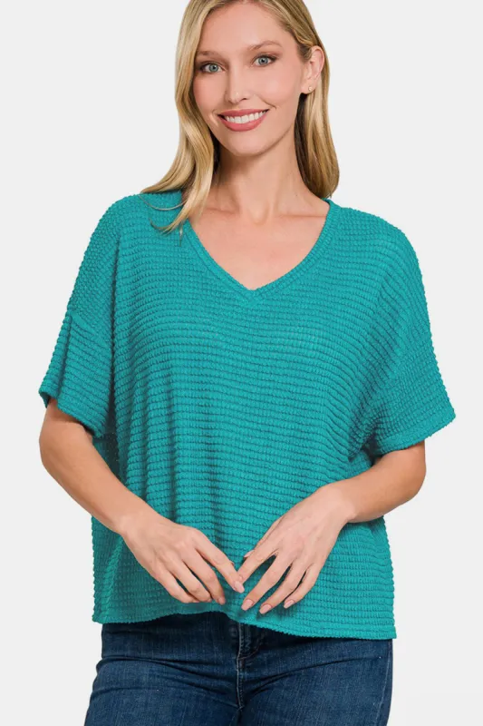 Zenana Drop Shoulder Short Sleeve Jacquard Knit Top sold by Charming Charlie