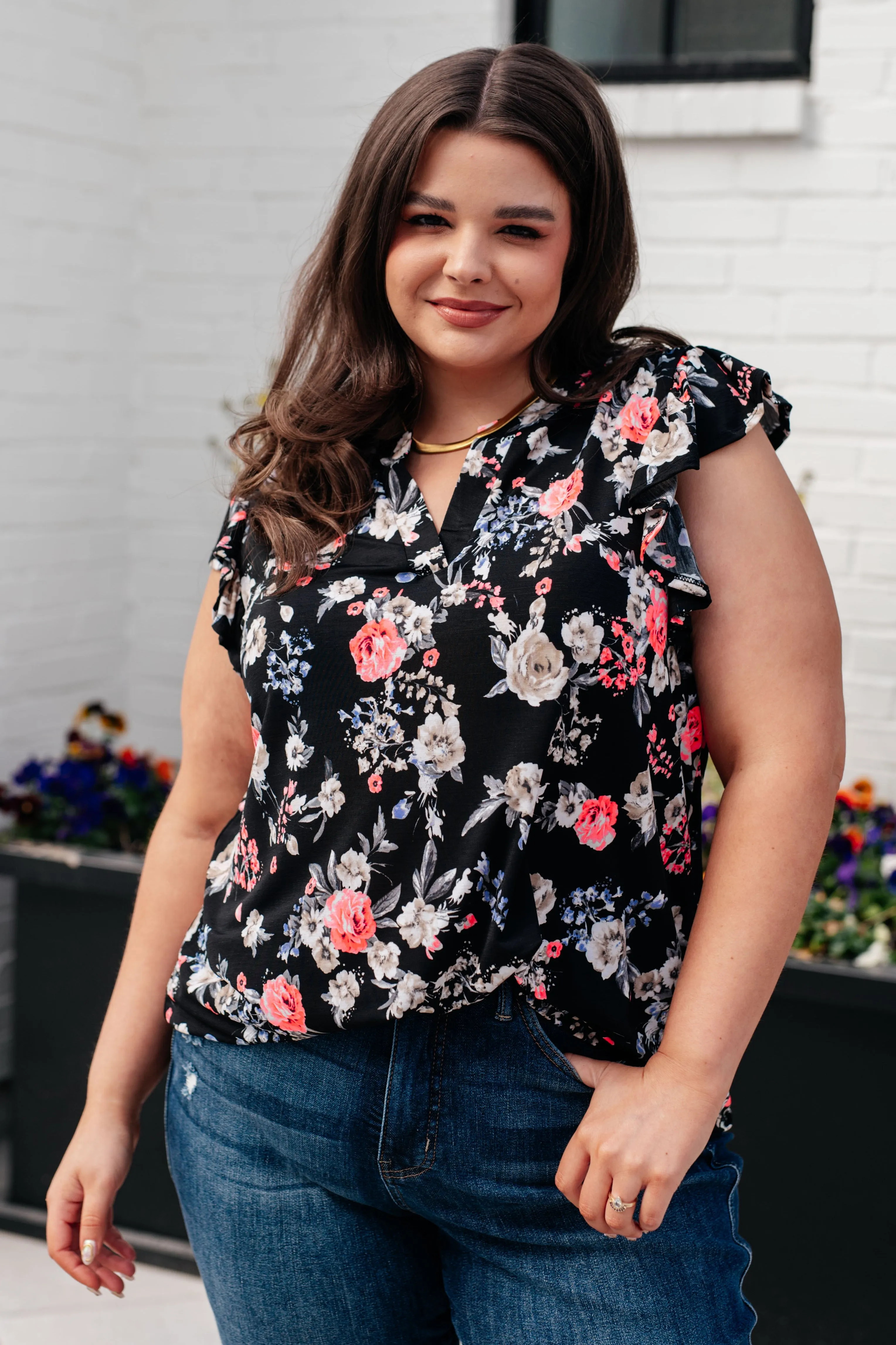Lizzy Flutter Sleeve Top in Black and Muted Pink Floral sold by Charming Charlie product image thumbnail 2