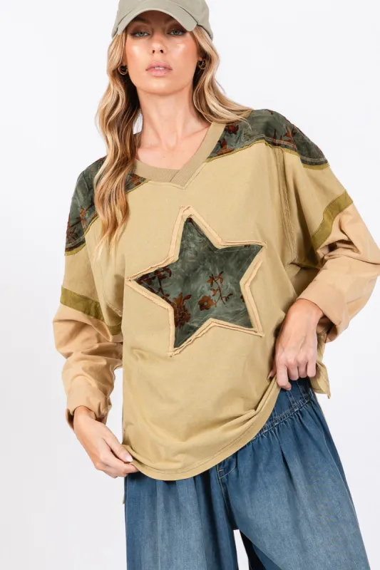 SAGE + FIG Star Patch Long Sleeve Color Block T-Shirt sold by Charming Charlie
