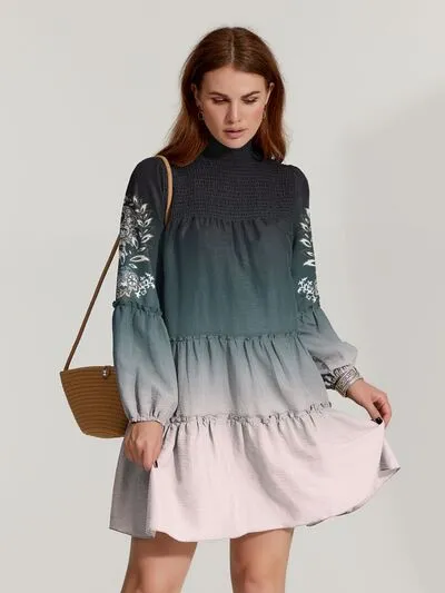 Gradient Smocked Turtleneck Balloon Sleeve Mini Dress sold by Charming Charlie