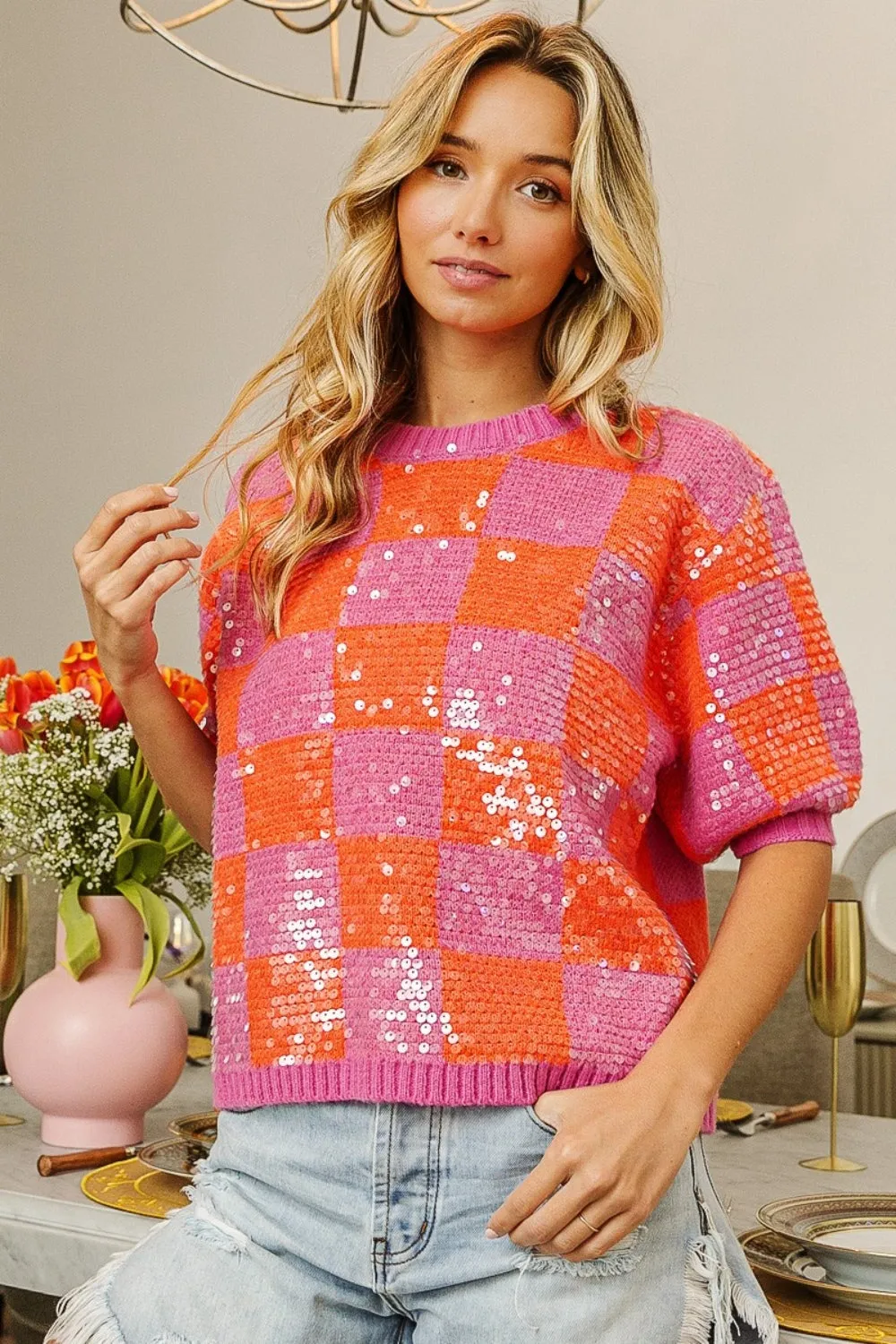 BiBi Checkered Short Sleeve Sequin Sweater sold by Charming Charlie product image thumbnail 5