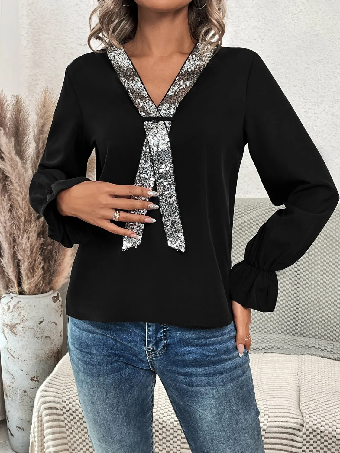 Sequin Flounce Sleeve Blouse sold by Charming Charlie product image thumbnail 3
