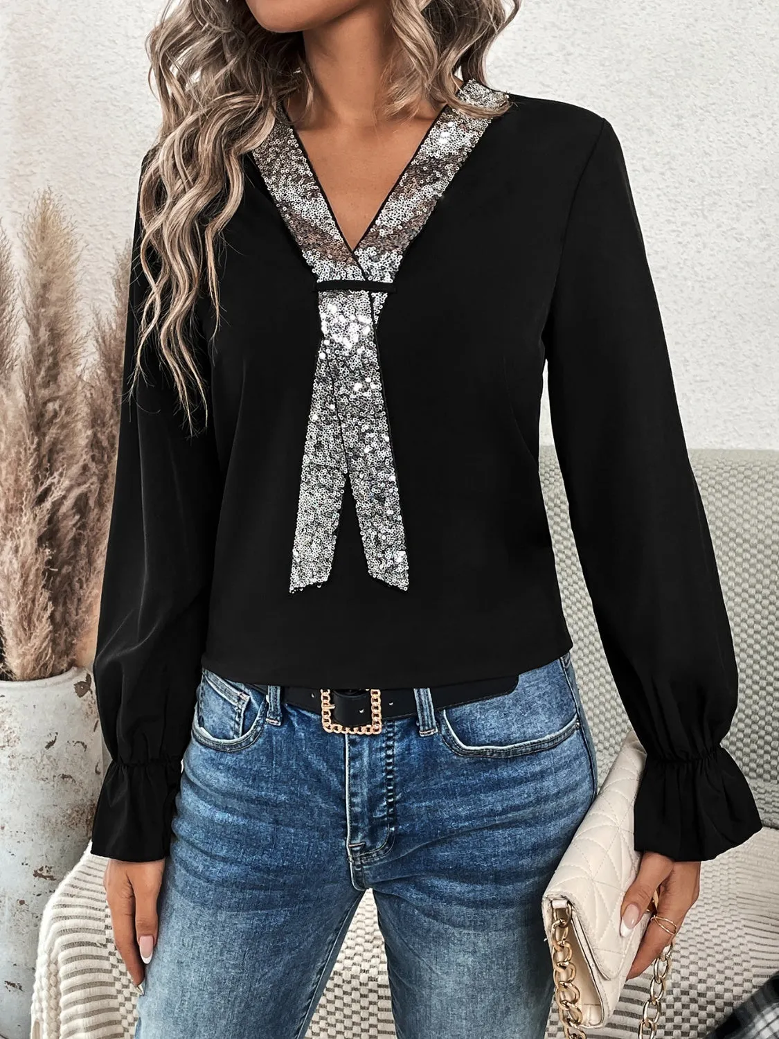 Sequin Flounce Sleeve Blouse sold by Charming Charlie product image thumbnail 4