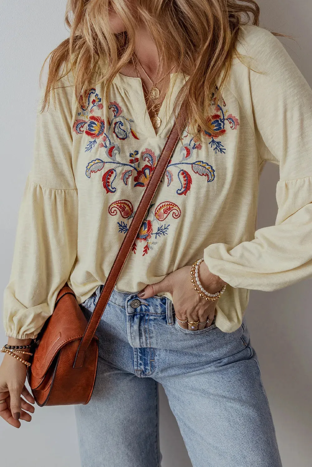 Embroidered Notched Long Sleeve Blouse sold by Charming Charlie product image thumbnail 3