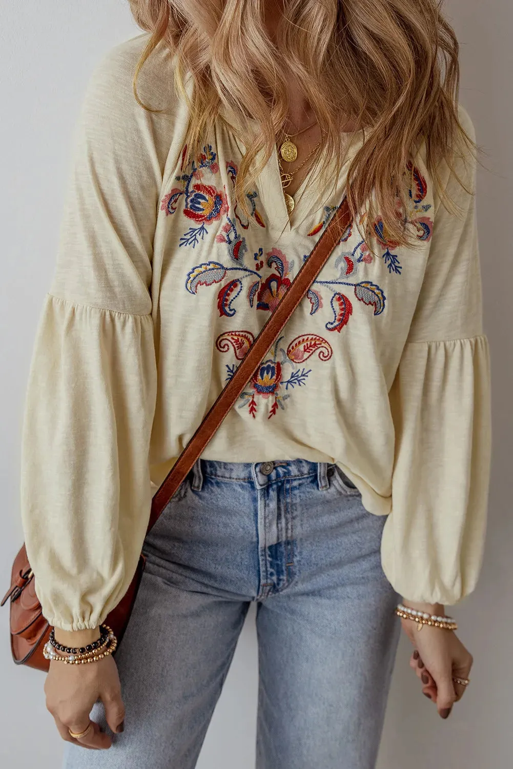 Embroidered Notched Long Sleeve Blouse sold by Charming Charlie product image thumbnail 4