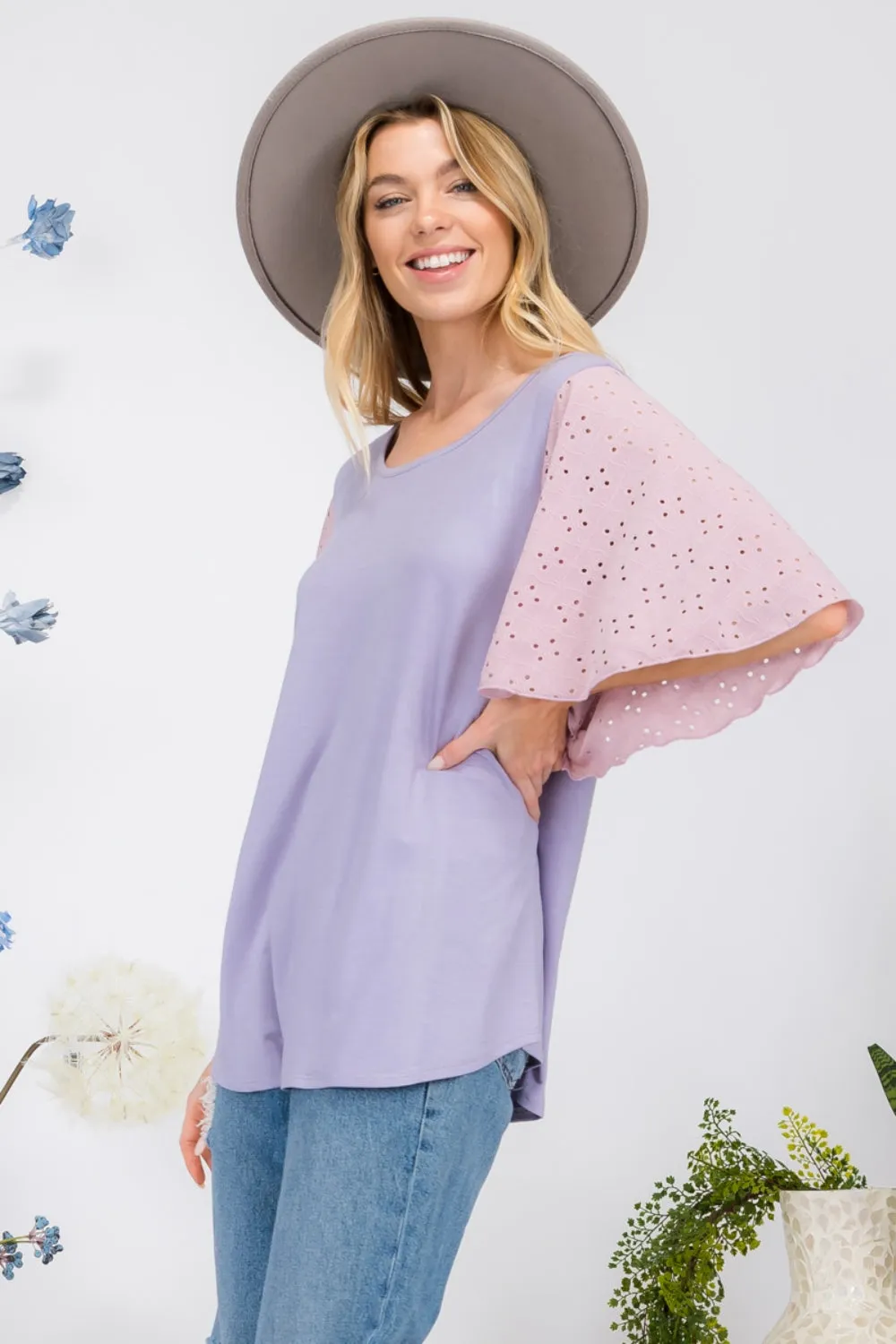 Celeste Full Size Contrast Eyelet Ruffle Sleeve Blouse sold by Charming Charlie product image thumbnail 5