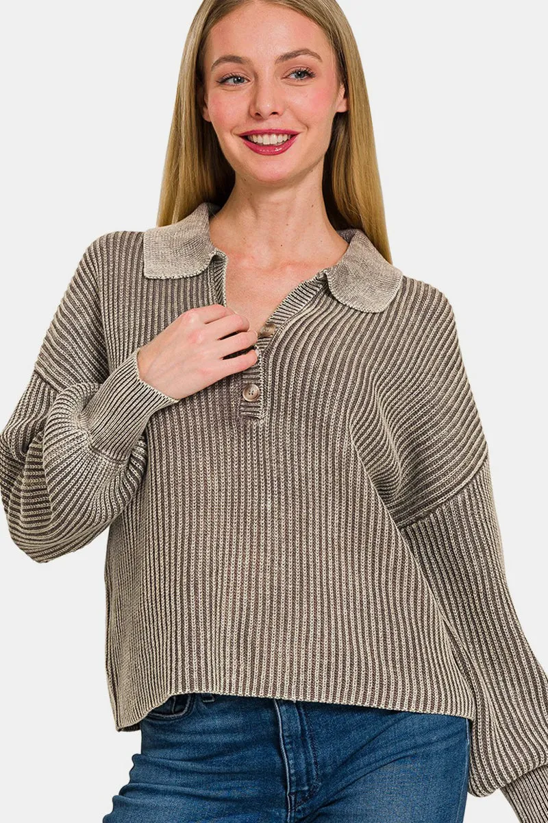 Zenana Washed Half Button Long Sleeve Sweater sold by Charming Charlie