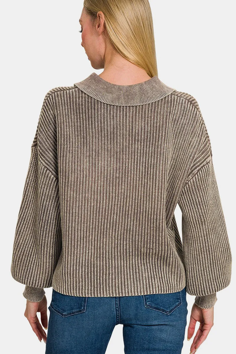 Zenana Washed Half Button Long Sleeve Sweater sold by Charming Charlie product image thumbnail 2