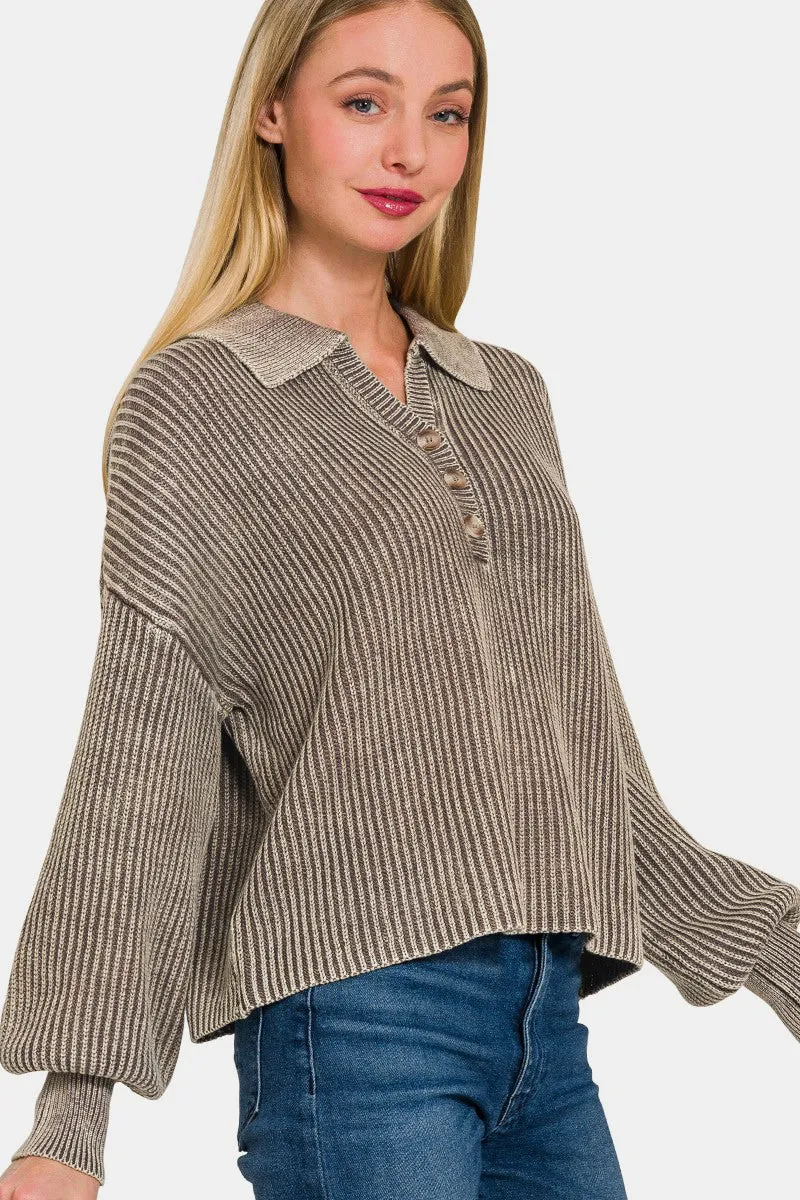 Zenana Washed Half Button Long Sleeve Sweater sold by Charming Charlie product image thumbnail 3