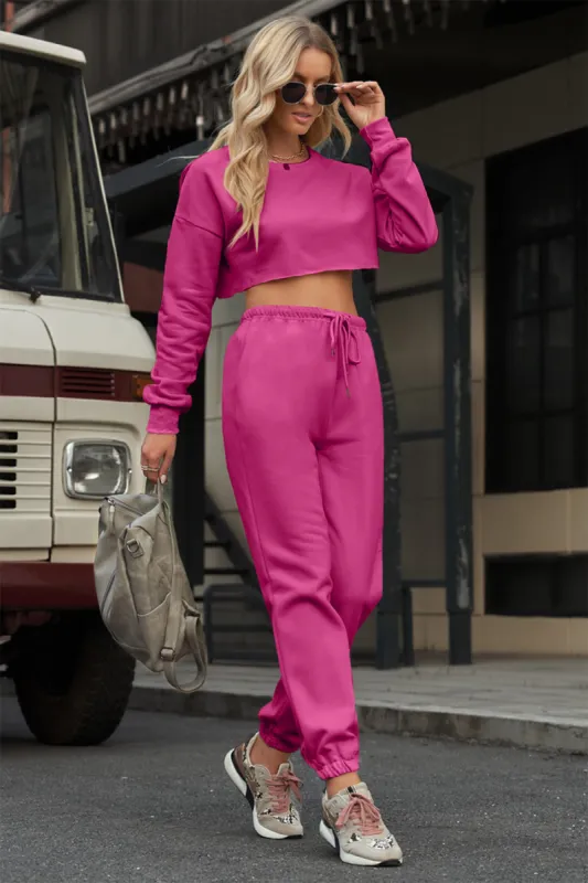 Round Neck Long Sleeve Cropped Top and Pants Set sold by Charming Charlie