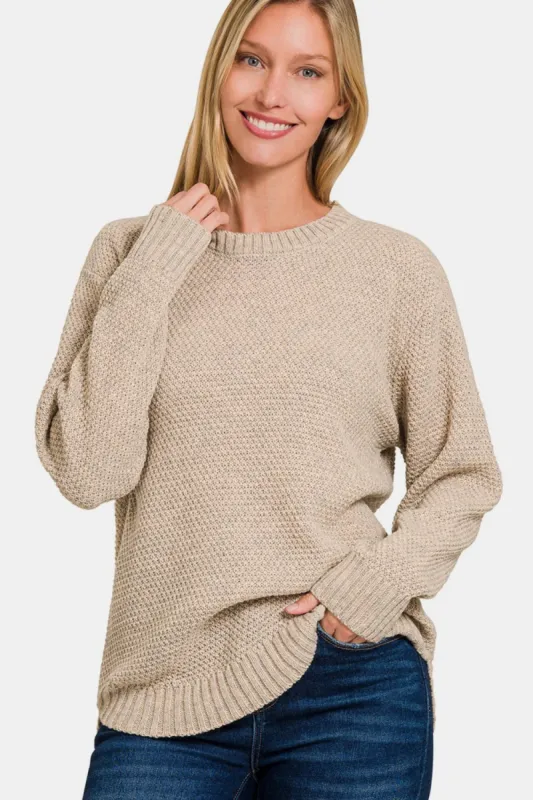Zenana Ful Size Round Neck Long Sleeve Curved Hem Sweater sold by Charming Charlie