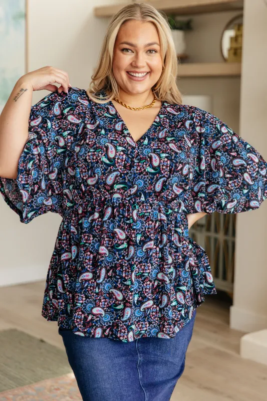 Dreamer Top in Black and Periwinkle Paisley sold by Charming Charlie
