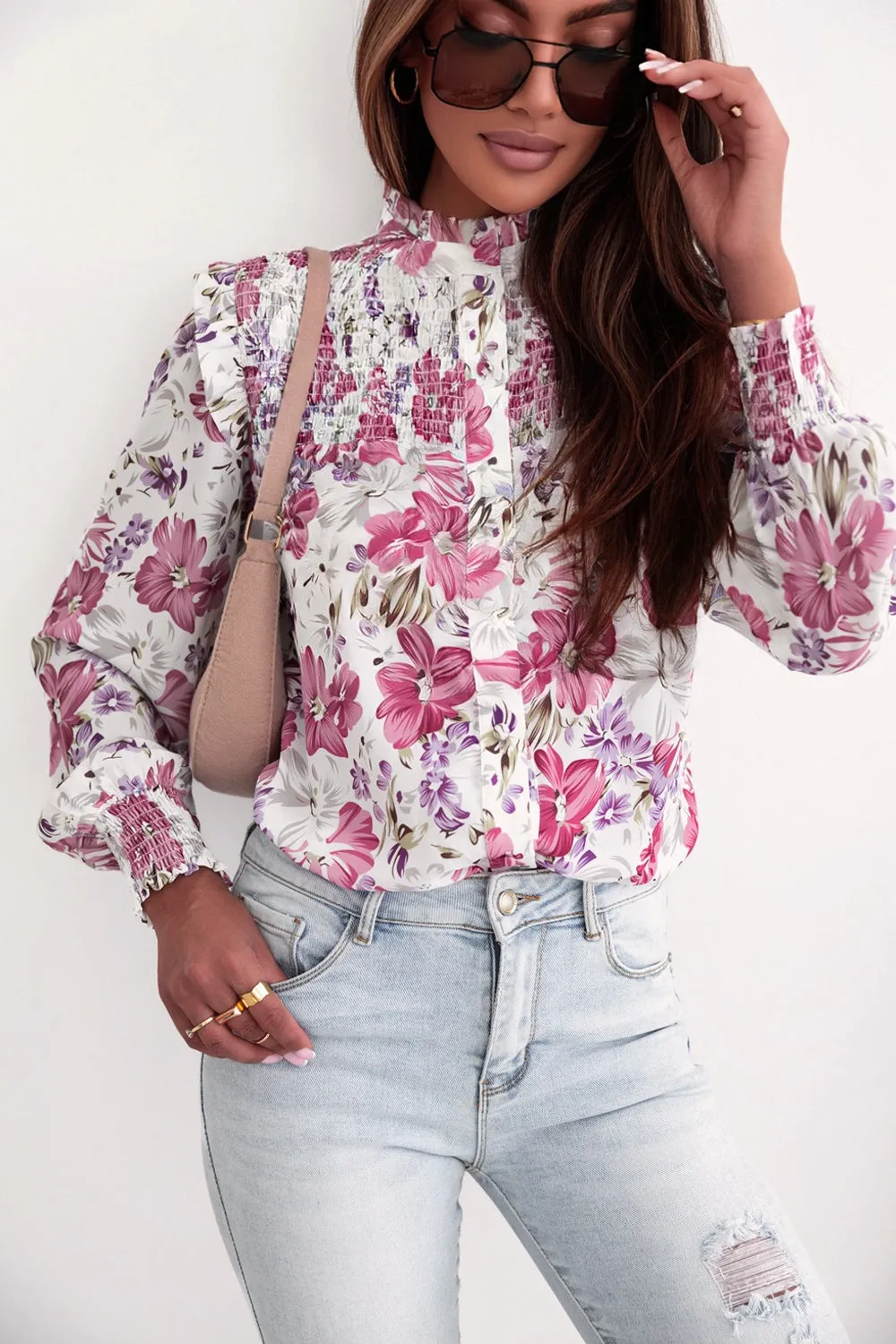 Ruffled Smocked Floral Lantern Sleeve Shirt sold by Charming Charlie product image thumbnail 2