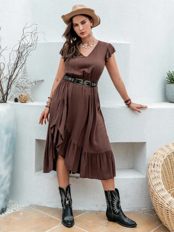 Plus Size Ruffled V-Neck Cap Sleeve Midi Dress sold by Charming Charlie
