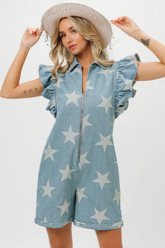BiBi Ruffled Star Half Zip Denim Romper sold by Charming Charlie