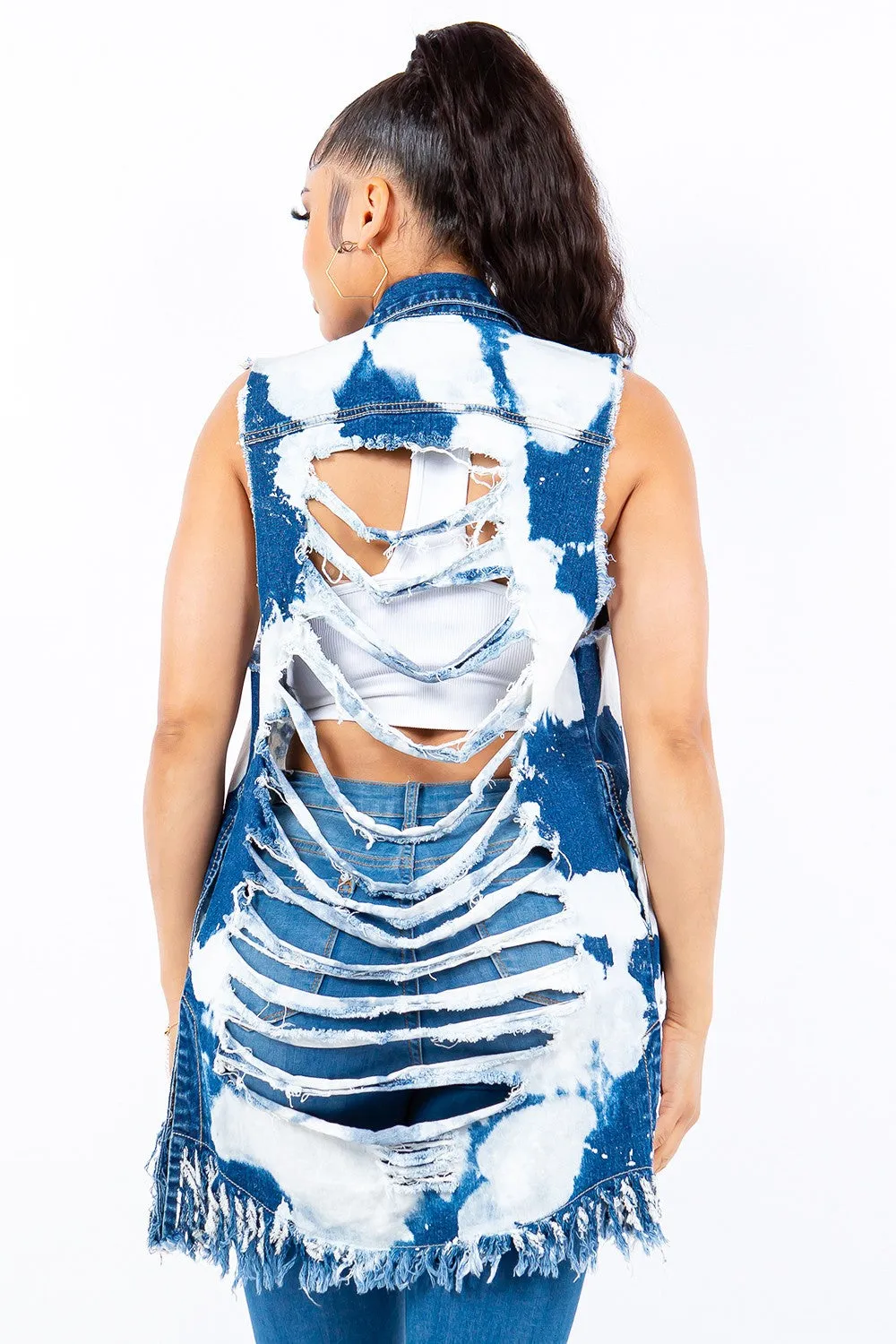 American Bazi Distressed Frayed Edge Longline Denim Vest sold by Charming Charlie product image thumbnail 2