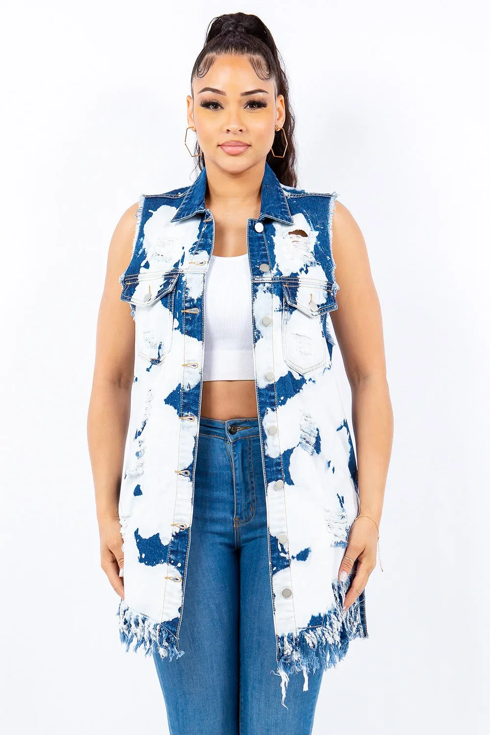 American Bazi Distressed Frayed Edge Longline Denim Vest sold by Charming Charlie