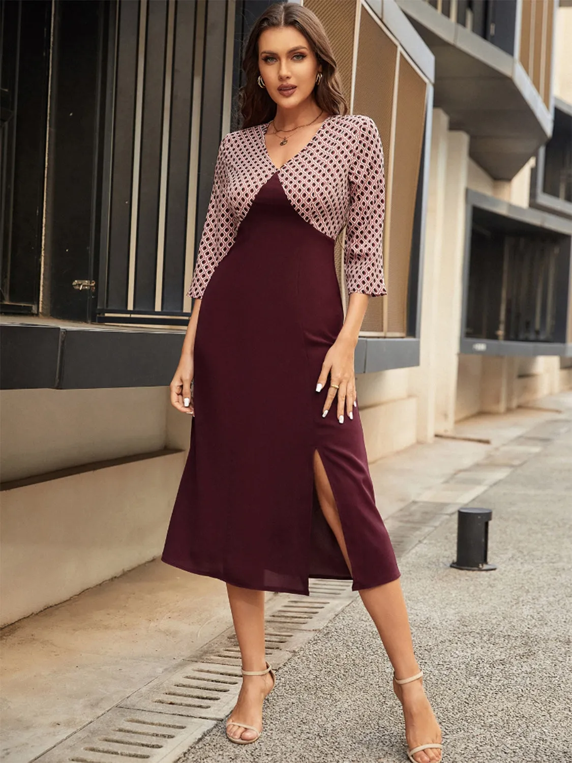 Slit V-Neck Three-Quarter Sleeve Midi Dress sold by Charming Charlie