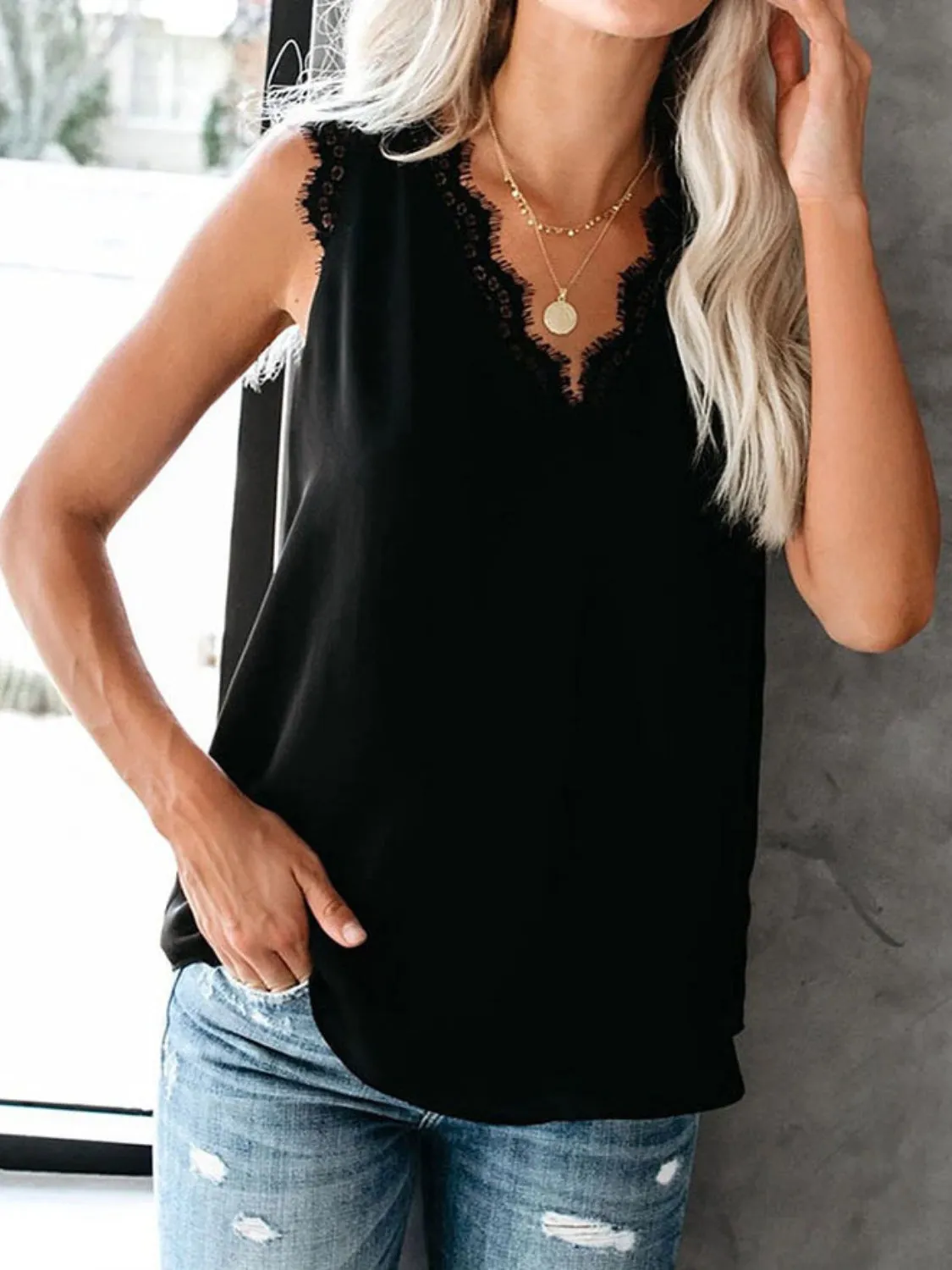 Lace Detail V-Neck Tank sold by Charming Charlie