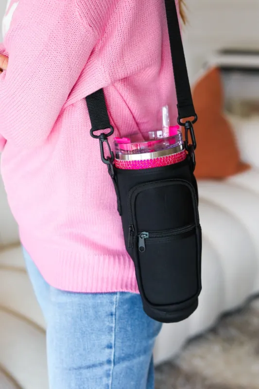 Black Neoprene Crossbody Water Bottle Carrier Bag made by ICON