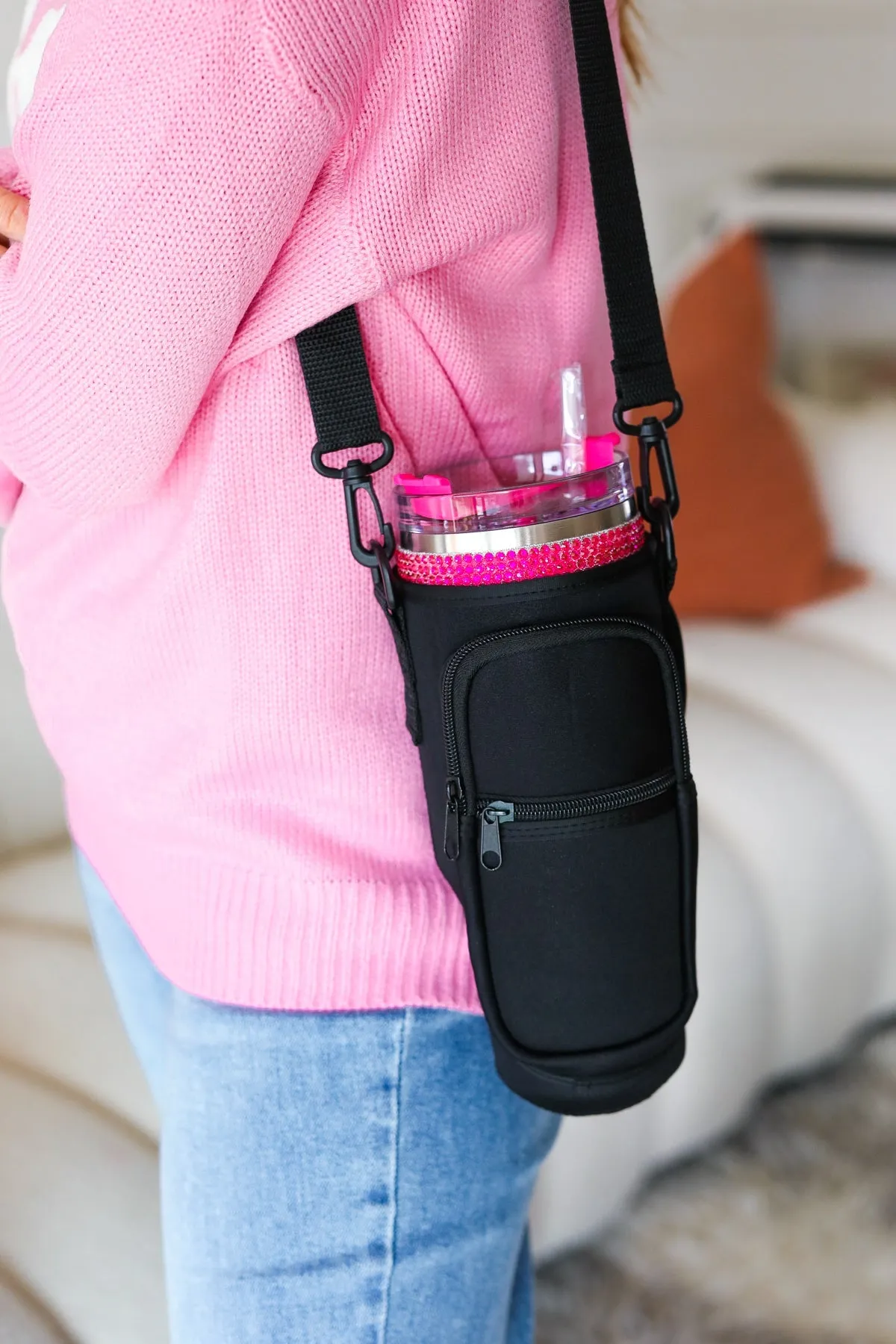 Black Neoprene Crossbody Water Bottle Carrier Bag sold by Charming Charlie
