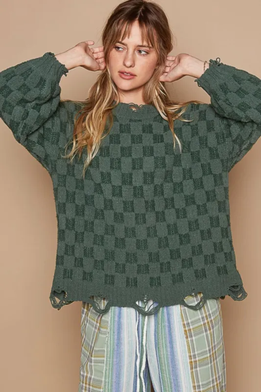 POL Checkered Distressed Edge Sweater sold by Charming Charlie