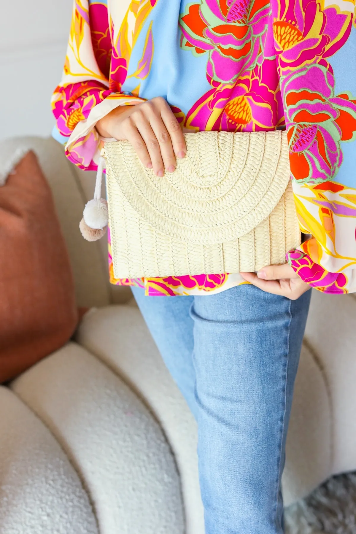 Raffia Flap Closure Clutch Bag with Wrist Strap and Pom Pom sold by Charming Charlie product image thumbnail 4