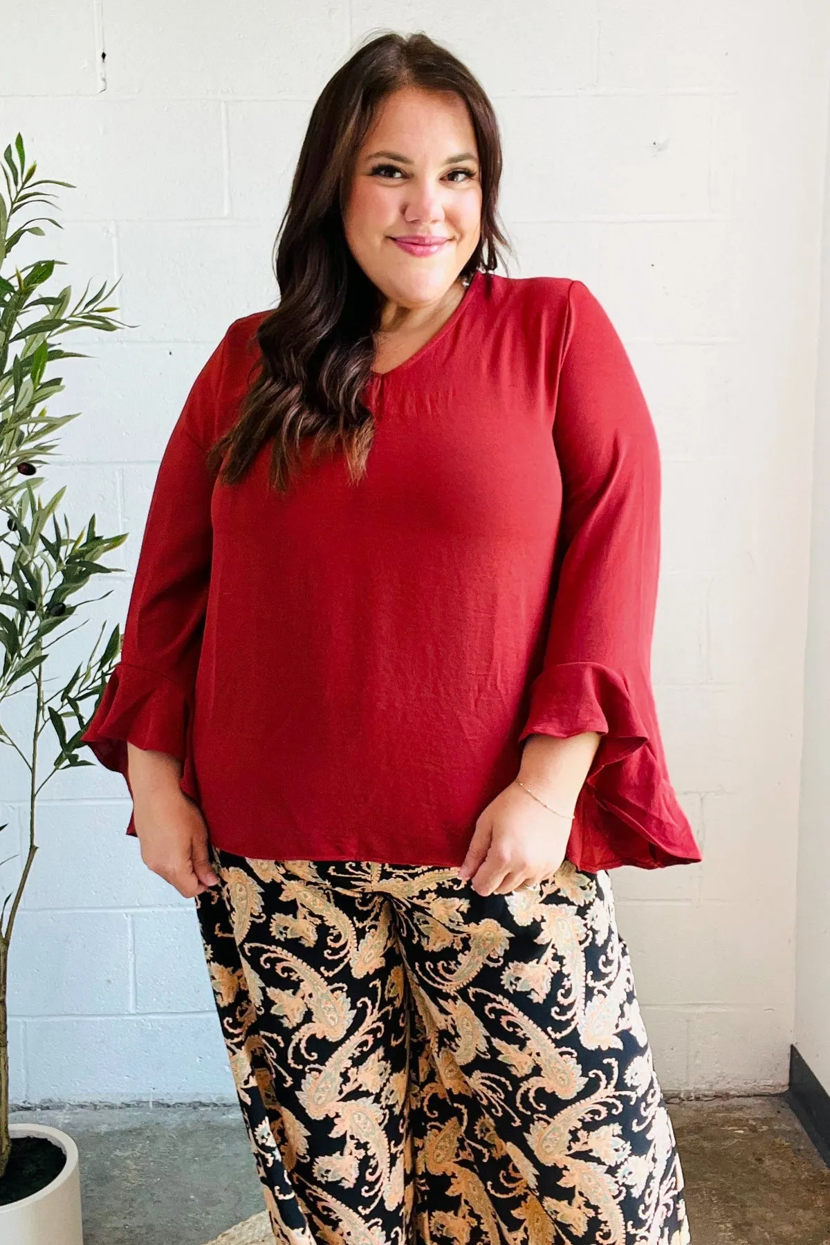 Falling In Love Rust Hi-Lo Ruffle Sleeve Woven Top sold by Charming Charlie product image thumbnail 2