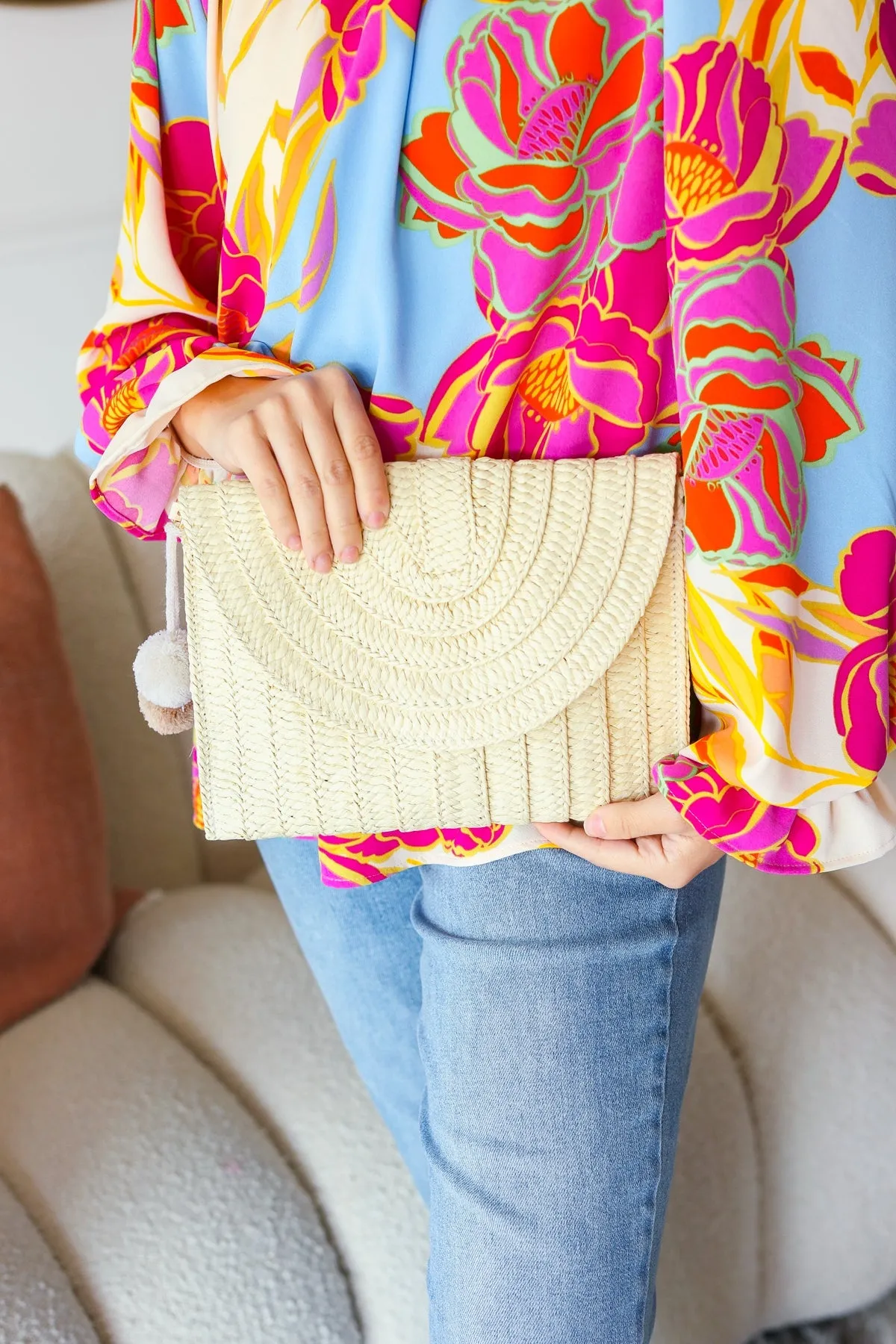Raffia Flap Closure Clutch Bag with Wrist Strap and Pom Pom sold by Charming Charlie product image thumbnail 5