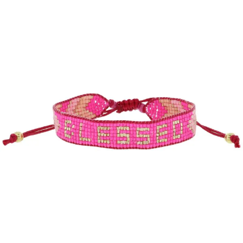 Hot Pink, Light Pink, Peachy Pink, Gold with "BLESSED" Woven Beaded Band Bracelet, .5" Wide sold by Charming Charlie