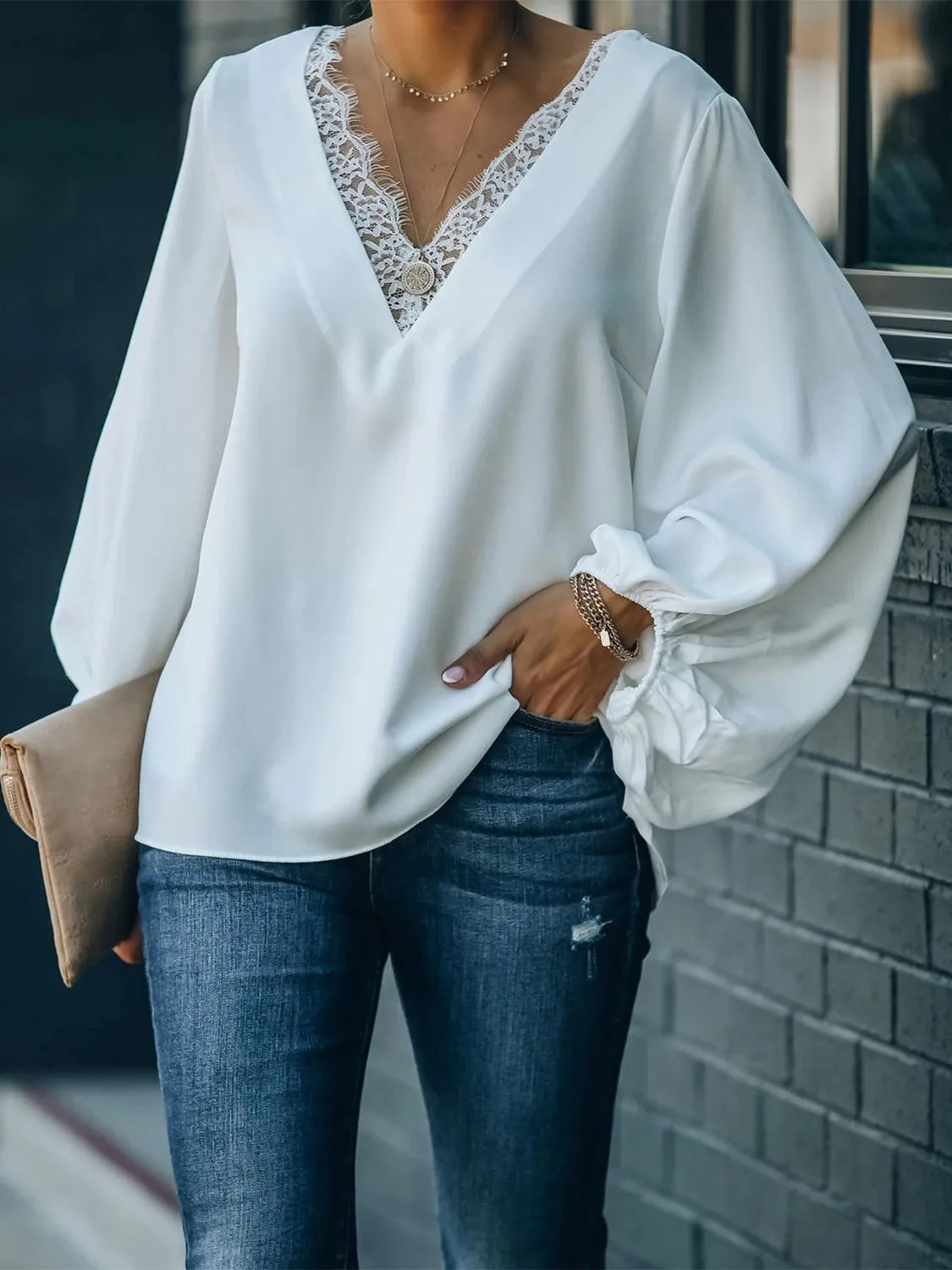 Lace Detail V-Neck Long Sleeve Blouse sold by Charming Charlie product image thumbnail 4