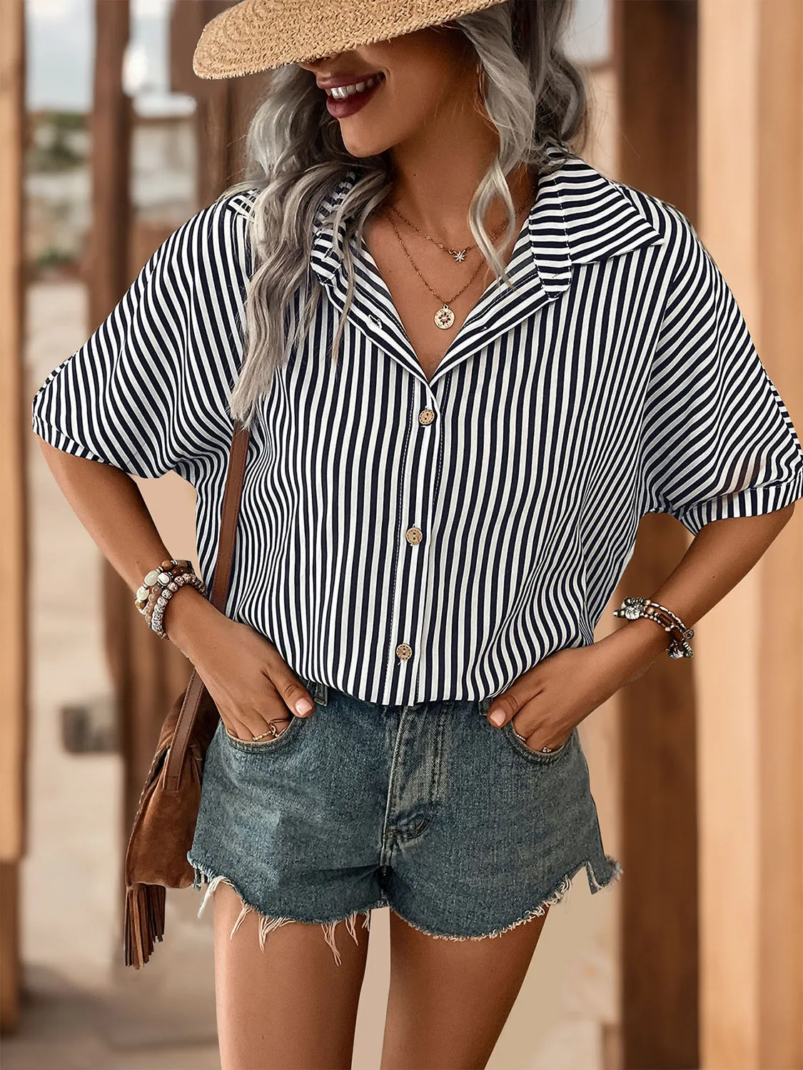 Striped Collared Neck Half Sleeve Shirt sold by Charming Charlie product image thumbnail 4