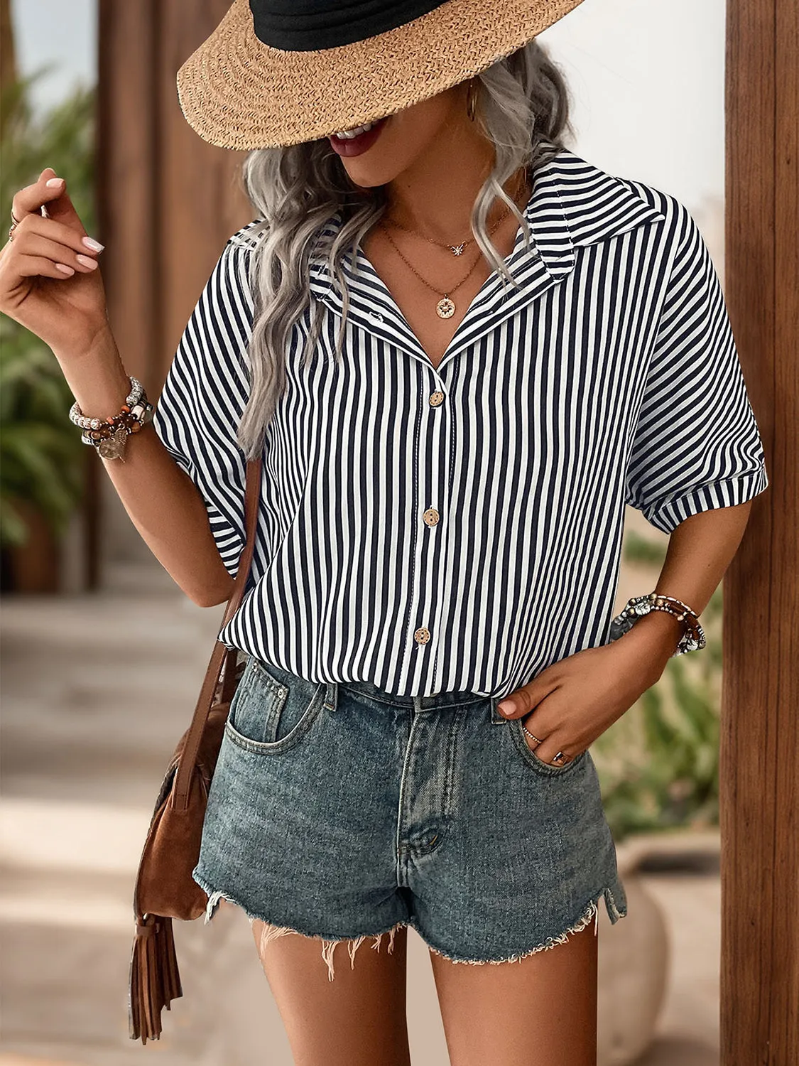 Striped Collared Neck Half Sleeve Shirt sold by Charming Charlie product image thumbnail 5