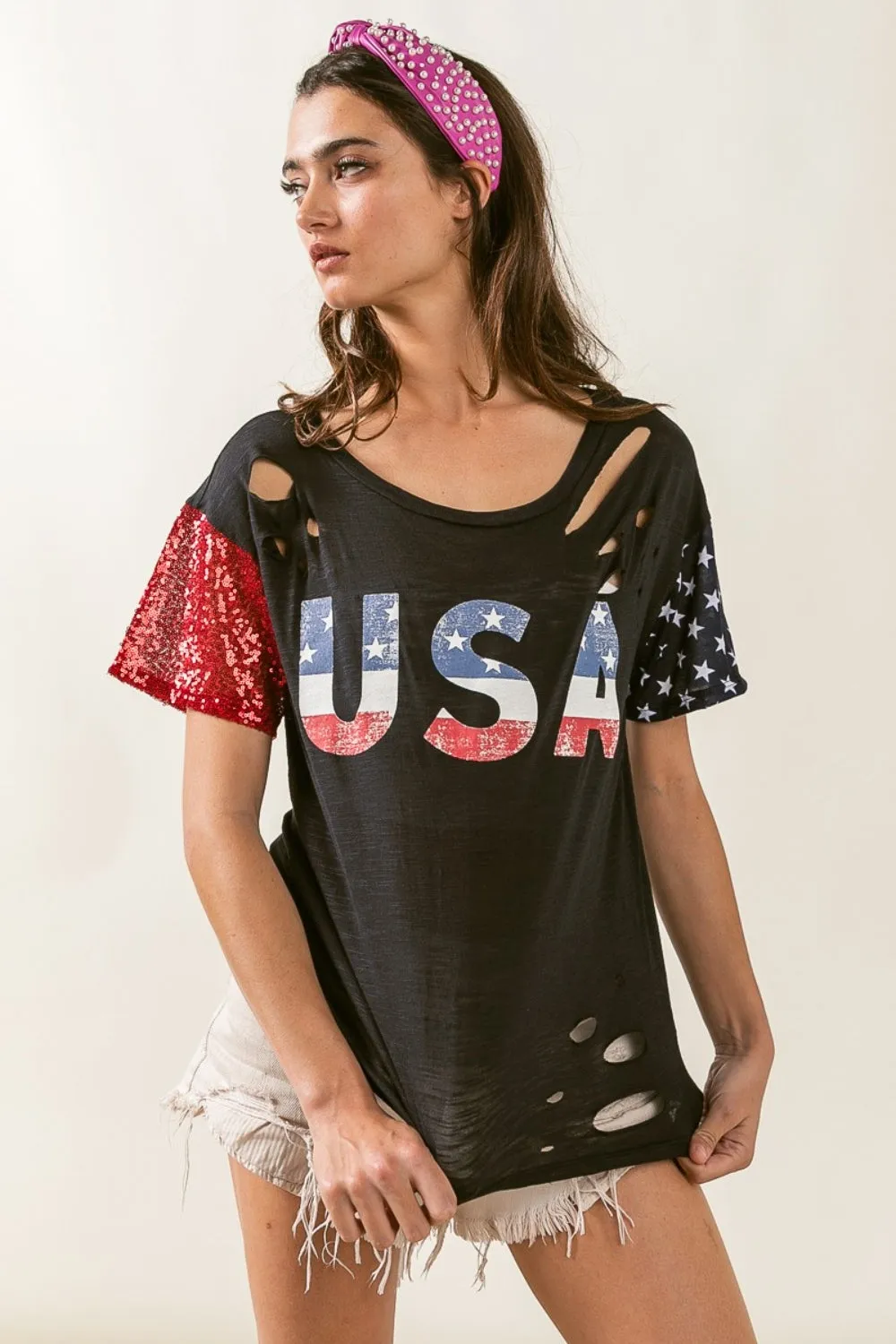 BiBi USA Graphic Short Sleeve Distressed T-Shirt sold by Charming Charlie product image thumbnail 3