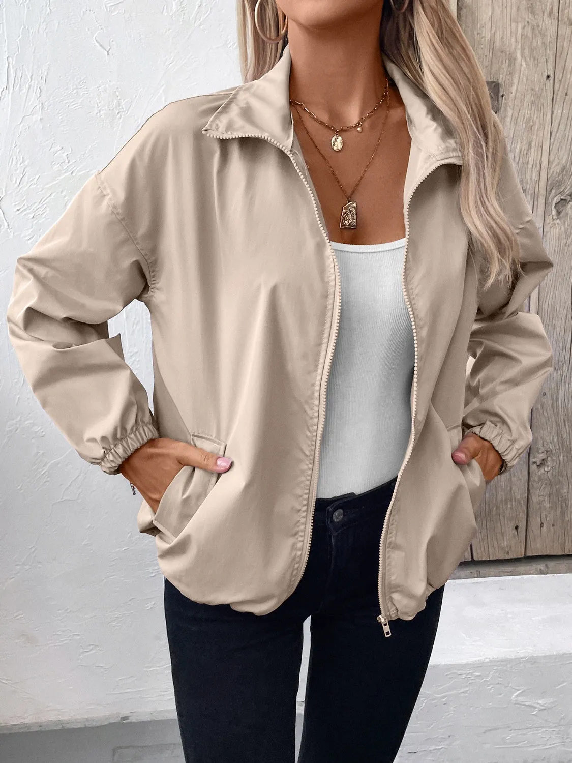 Pocketed Zip Up Long Sleeve Jacket sold by Charming Charlie product image thumbnail 4