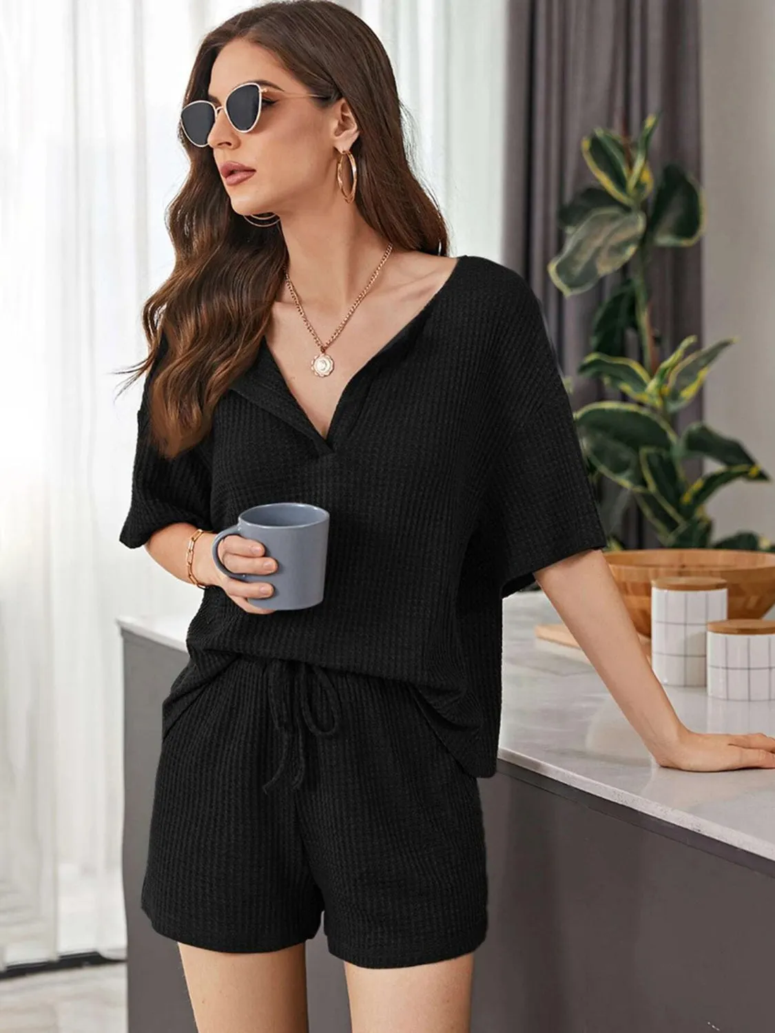 Full Size Waffle-Knit Dropped Shoulder Top and Shorts Set sold by Charming Charlie product image thumbnail 5