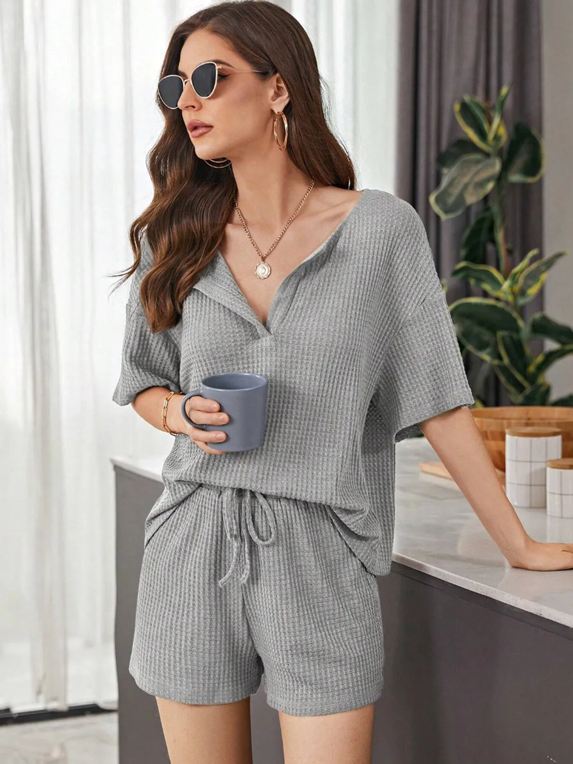 Full Size Waffle-Knit Dropped Shoulder Top and Shorts Set sold by Charming Charlie product image thumbnail 4