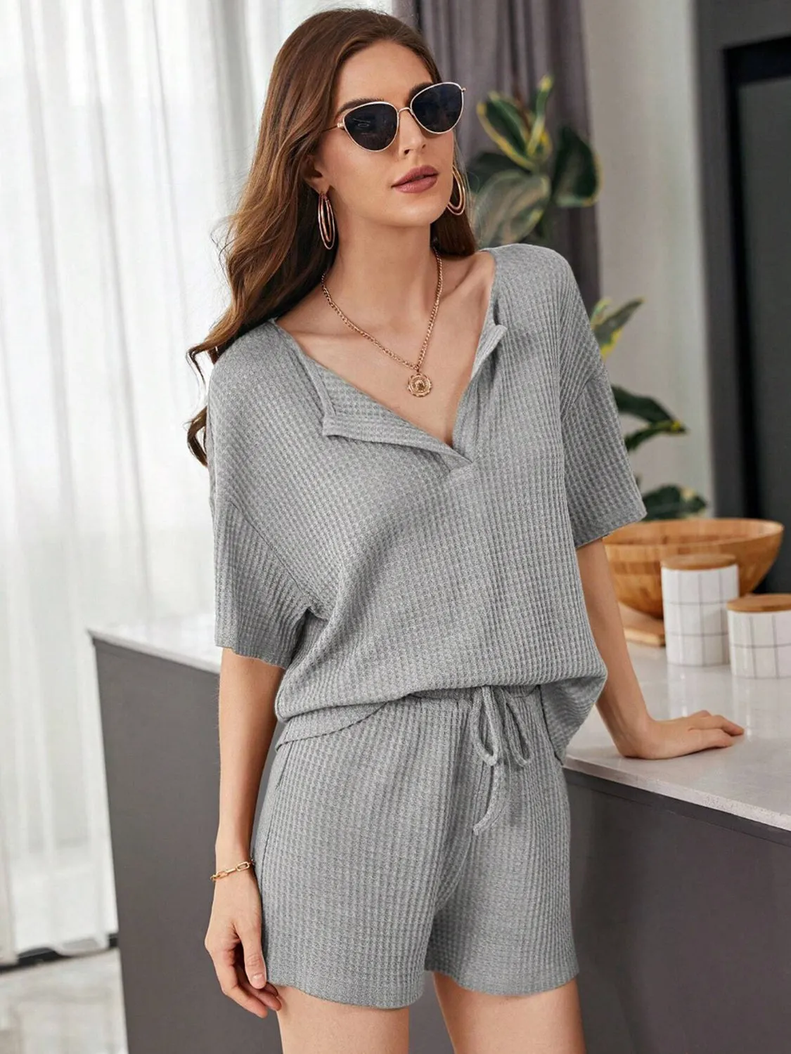 Full Size Waffle-Knit Dropped Shoulder Top and Shorts Set sold by Charming Charlie